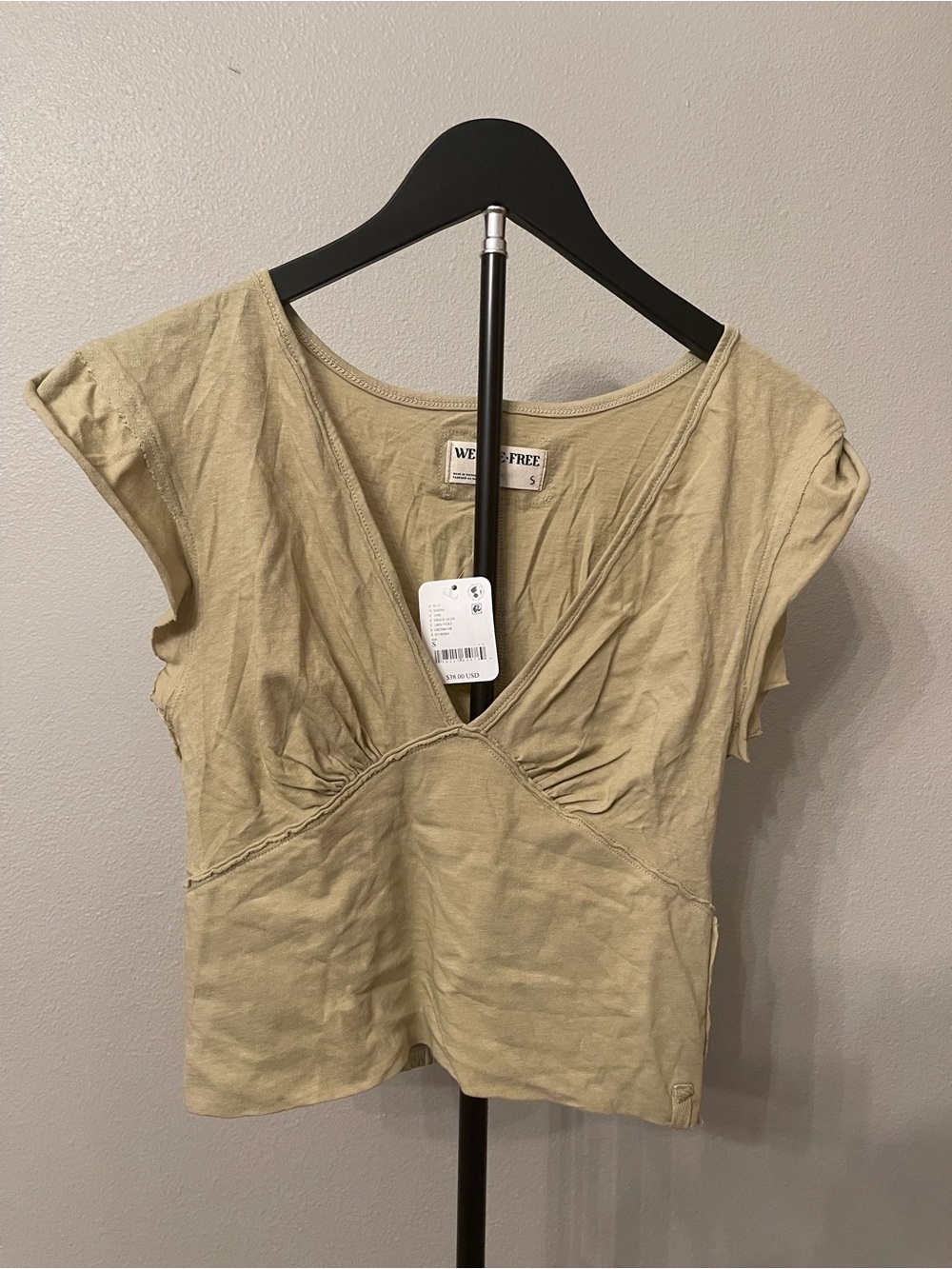 We The Free Olive Short Sleeve V-Neck Ruched Tee